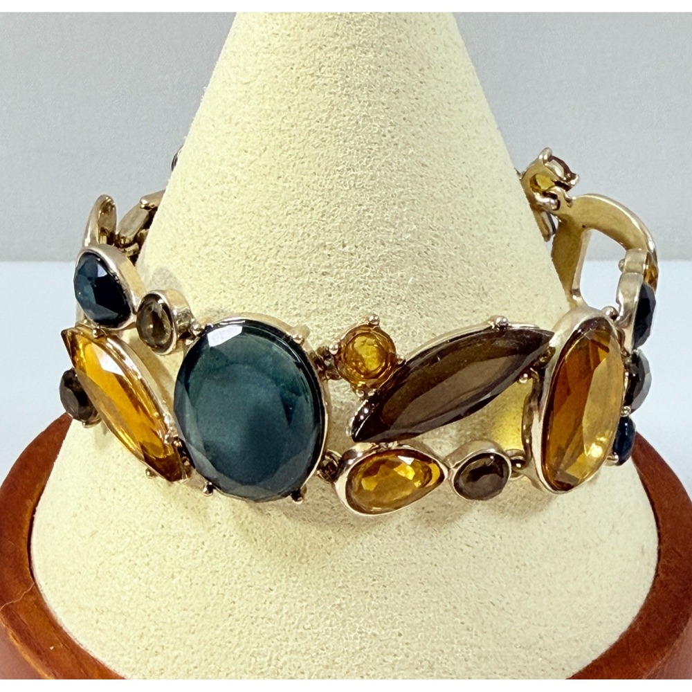 Chunky Acrylic Bracelet Jewel & Gold Tone Blue Amber Brown Fall Size 7